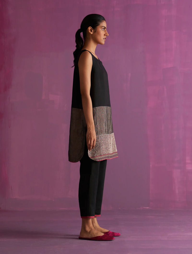 Irum Hand-Embroidered Kurta Set - Black linen by Manan in black color for women in Singapore