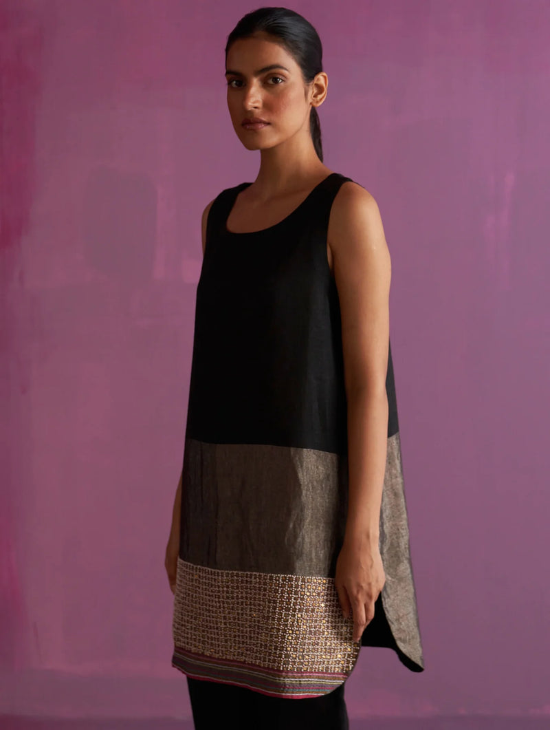 Irum Hand-Embroidered Kurta Set - Black linen by Manan in black color for women in Singapore