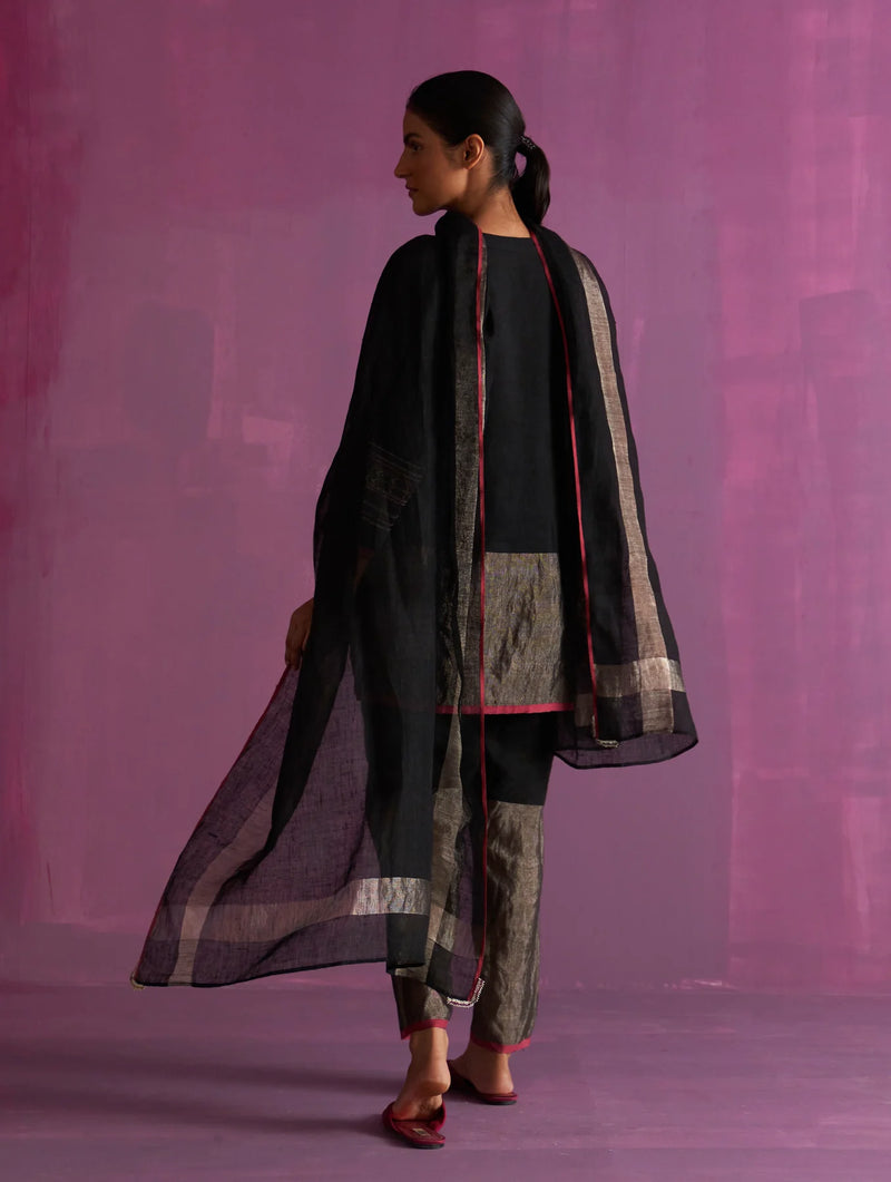 Cyra Hand-Embroidered Kurta Set - Black linen by Manan in black color for women in Singapore