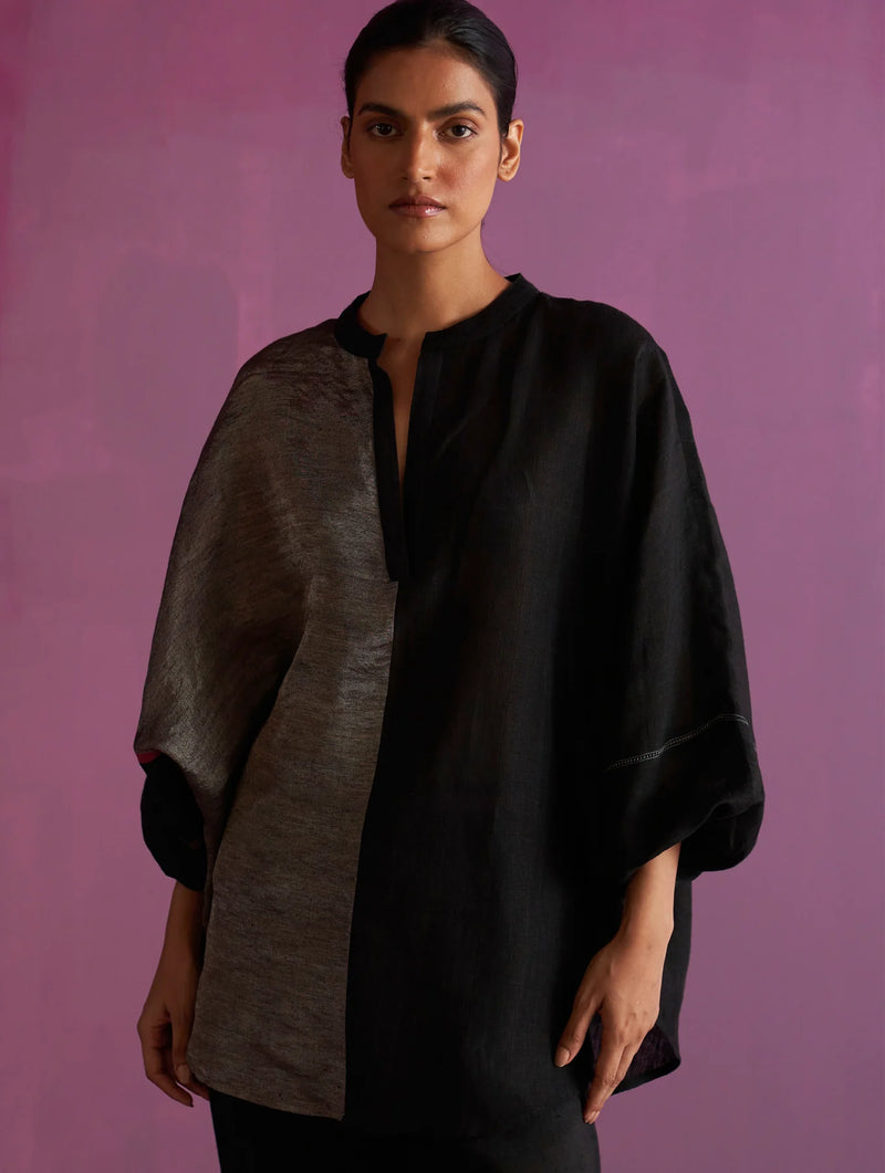 Ana Metallic Linen Top - Black linen by Manan in black color for women in Singapore