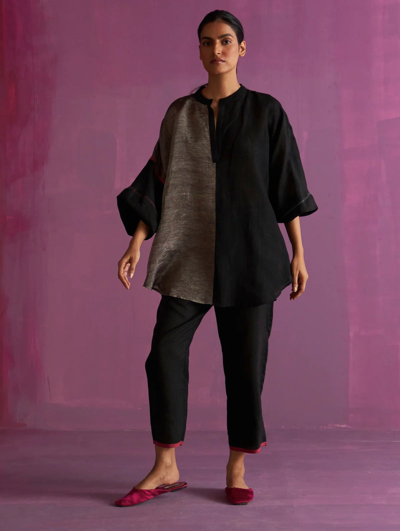 Ana Metallic Linen Co-ord Set - Black linen by Manan in black color for women in Singapore