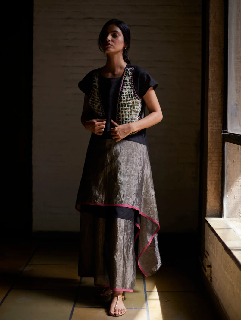 Kasa Co-ord Set with Jacket - Black linen by Manan in black color for women in Singapore