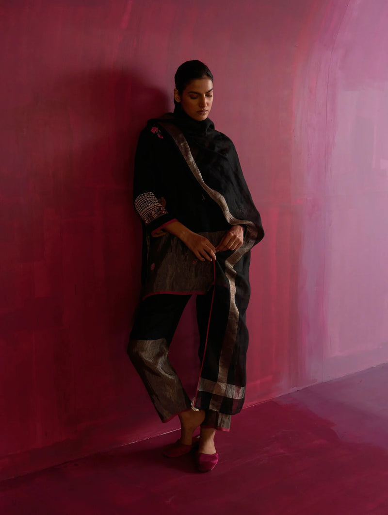 Cyra Hand-Embroidered Kurta Set - Black linen by Manan in black color for women in Singapore
