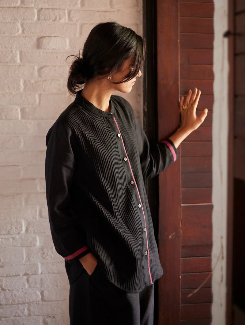 Mio Pintuck Co-ord Set - Black linen by Manan in black color for women in Singapore