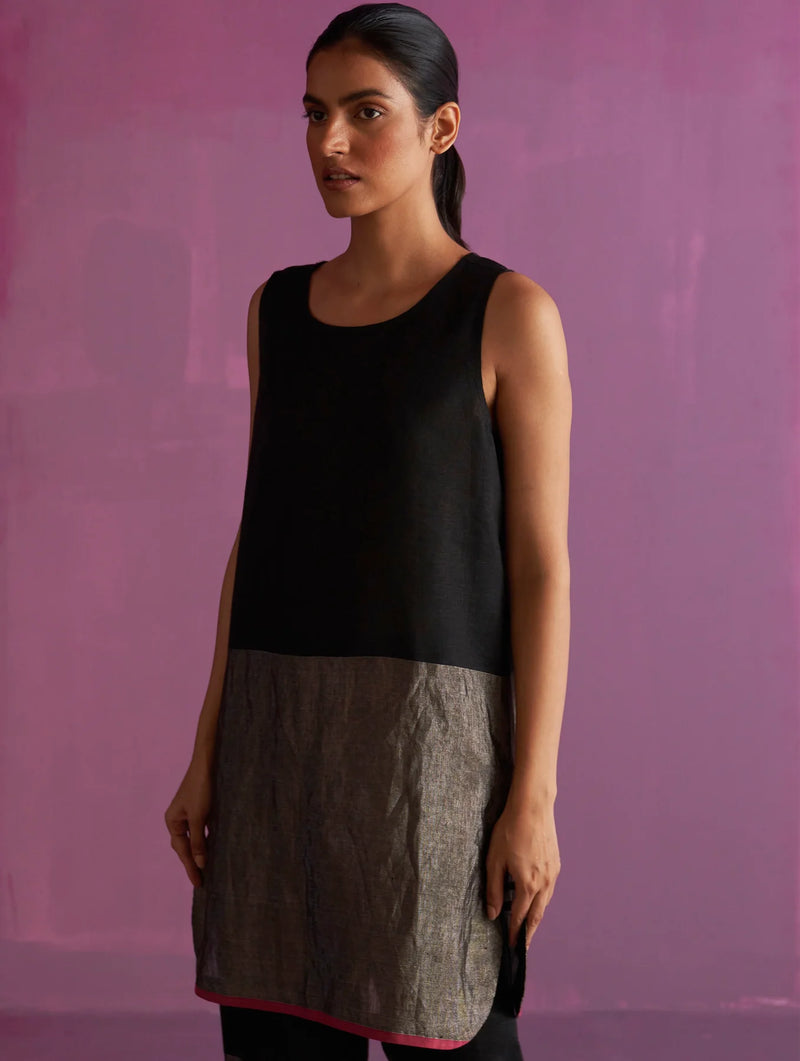 Keri Sleeveless Linen Kurta Set - Black linen by Manan in black color for women in Singapore