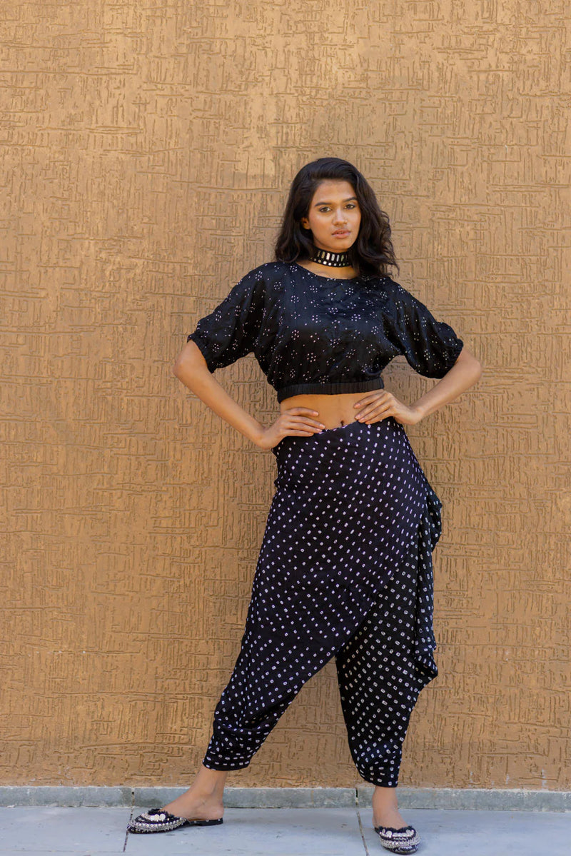 BANDHANI WRAP DHOTI-BLACK silk by Dyelogue in black color for women in Singapore
