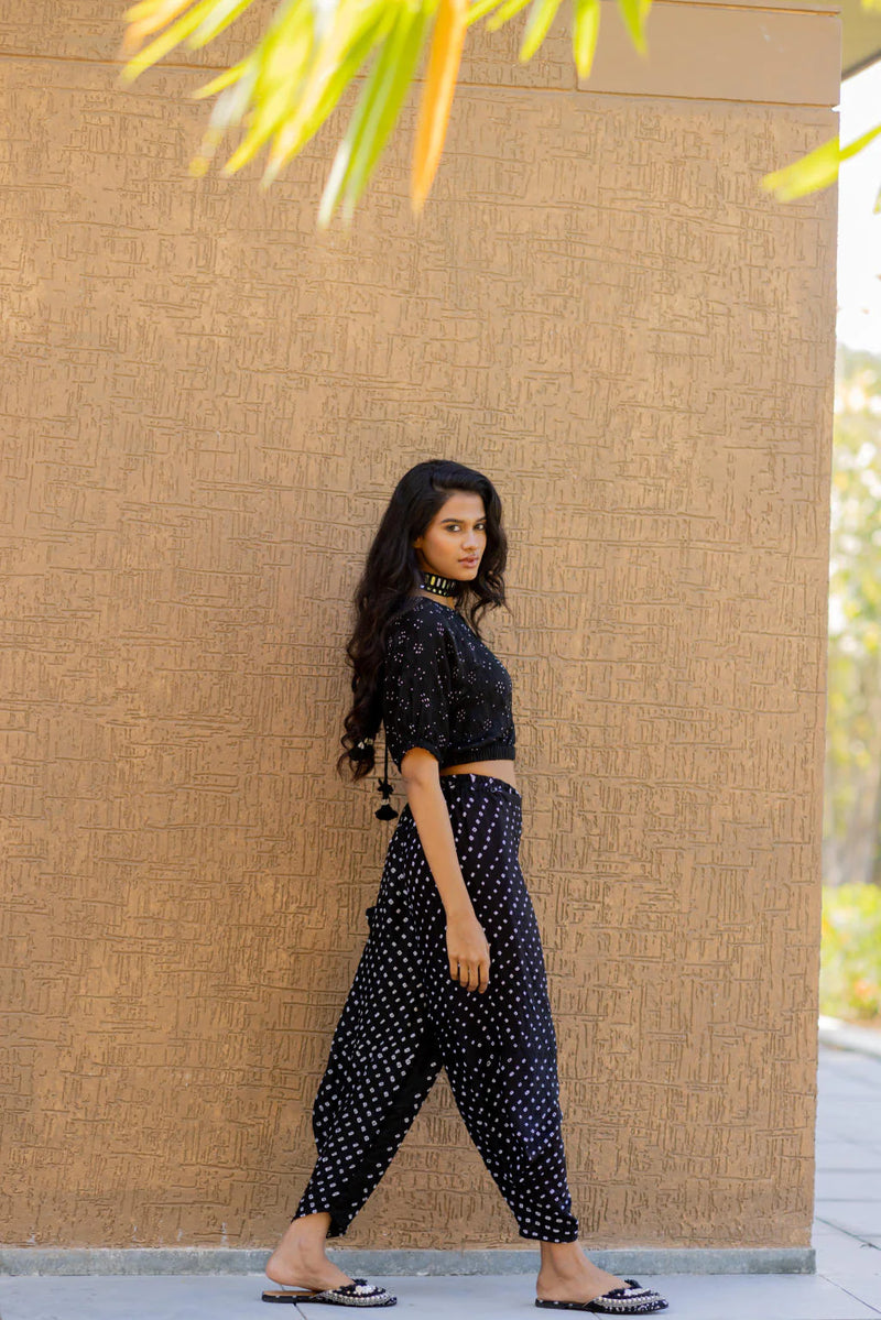 BANDHANI WRAP DHOTI-BLACK silk by Dyelogue in black color for women in Singapore