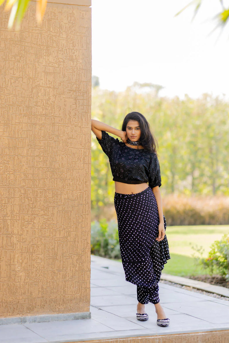 BANDHANI WRAP DHOTI-BLACK silk by Dyelogue in black color for women in Singapore