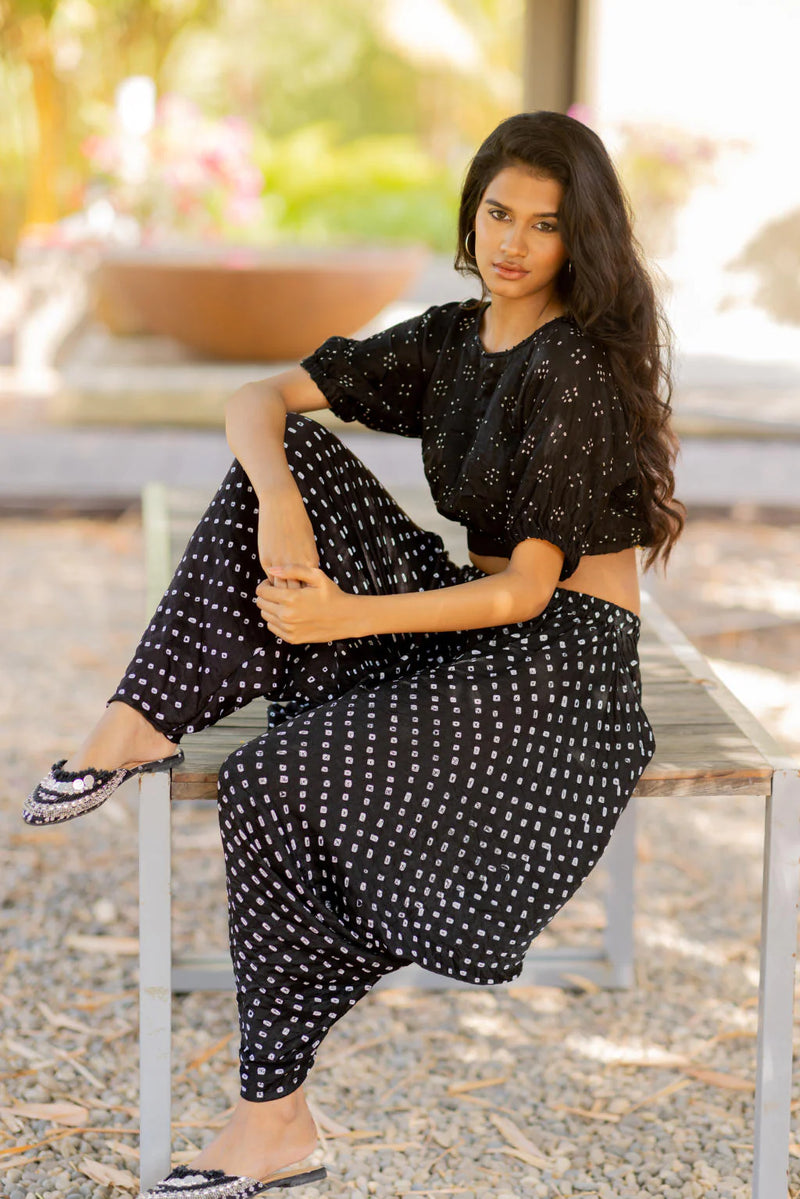 BANDHANI WRAP DHOTI-BLACK silk by Dyelogue in black color for women in Singapore
