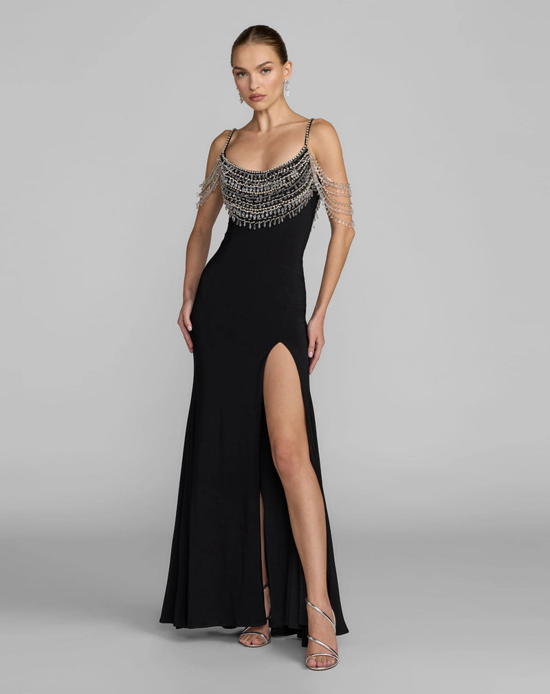 2375-Black Beaded Jersey Scoop Back Gown with Slit polyester evening-gowns by Mac Duggal in black for women in Singapore