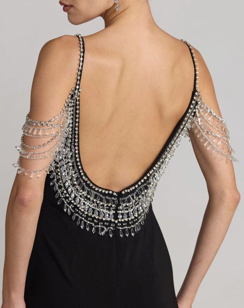 2375-Black Beaded Jersey Scoop Back Gown with Slit polyester evening-gowns by Mac Duggal in black for women in Singapore
