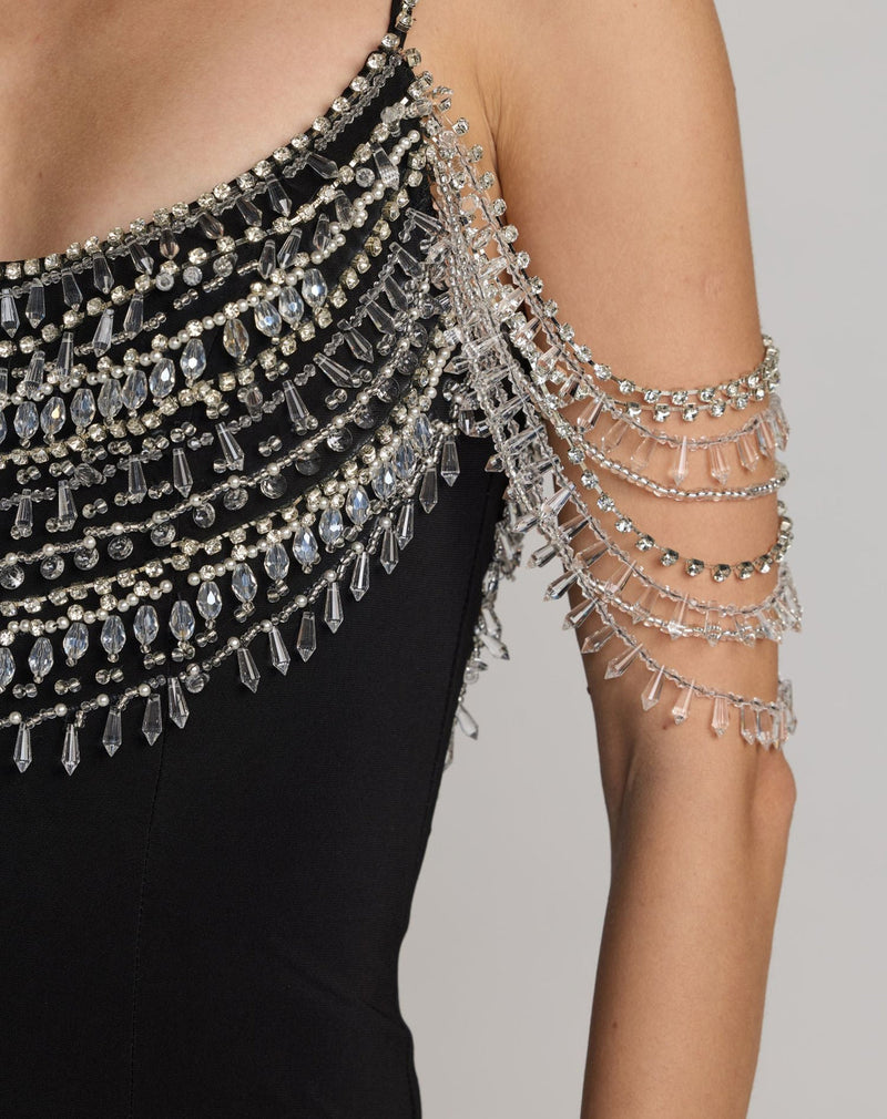2375-Black Beaded Jersey Scoop Back Gown with Slit polyester evening-gowns by Mac Duggal in black for women in Singapore