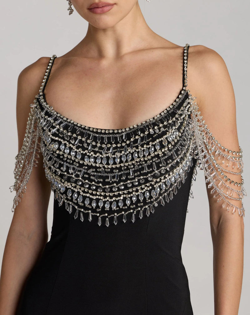 2375-Black Beaded Jersey Scoop Back Gown with Slit polyester evening-gowns by Mac Duggal in black for women in Singapore