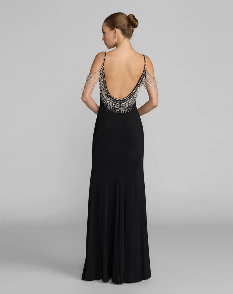 2375-Black Beaded Jersey Scoop Back Gown with Slit polyester evening-gowns by Mac Duggal in black for women in Singapore