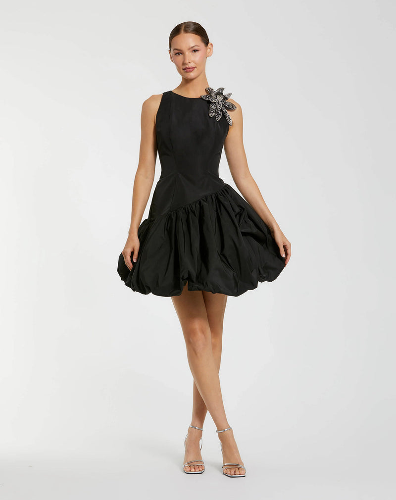11952-Black Bubble Hem Mini Dress with 3D Floral Appliqué polyester cocktail-and-party-dresses by Mac Duggal in black for women in Singapore