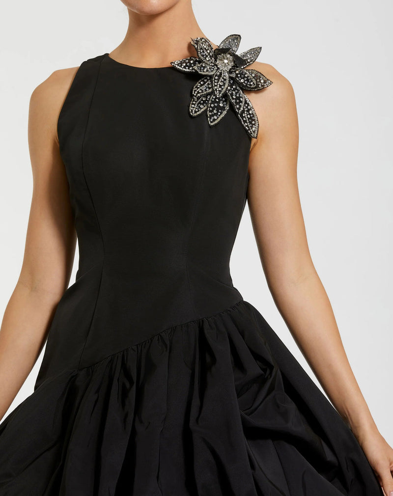 11952-Black Bubble Hem Mini Dress with 3D Floral Appliqué polyester cocktail-and-party-dresses by Mac Duggal in black for women in Singapore
