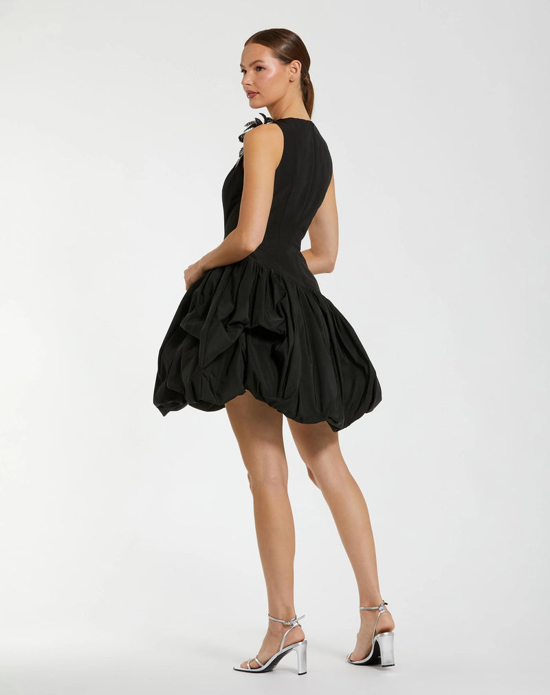 11952-Black Bubble Hem Mini Dress with 3D Floral Appliqué polyester cocktail-and-party-dresses by Mac Duggal in black for women in Singapore