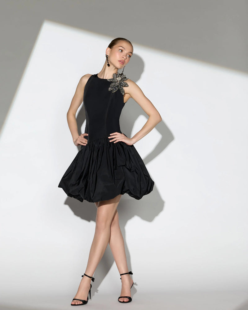 11952-Black Bubble Hem Mini Dress with 3D Floral Appliqué polyester cocktail-and-party-dresses by Mac Duggal in black for women in Singapore
