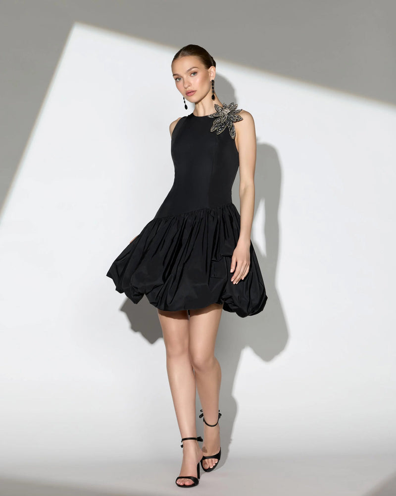 11952-Black Bubble Hem Mini Dress with 3D Floral Appliqué polyester cocktail-and-party-dresses by Mac Duggal in black for women in Singapore
