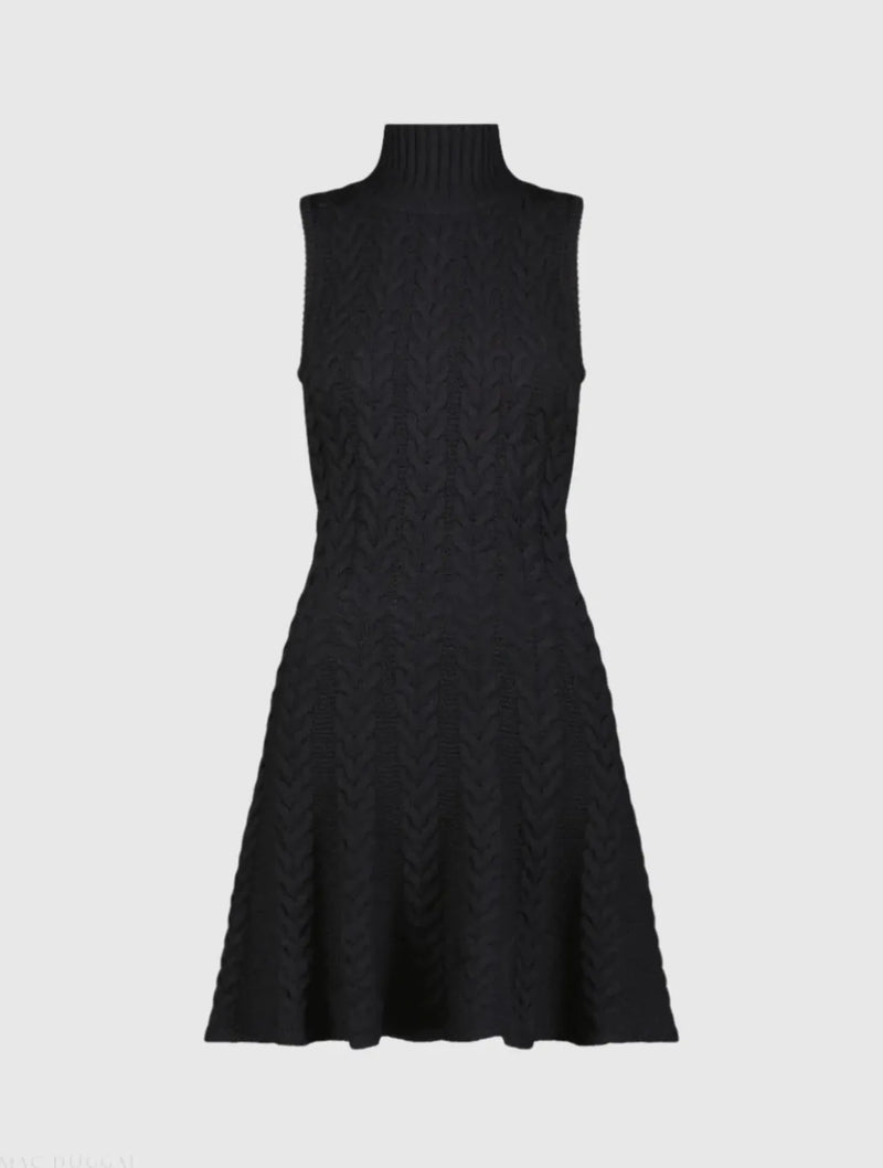 Black Cable Knit Turtle Neck Sleeveless Mini Sweater Knit Dress cotton by Mac Duggal in black color for women in Singapore