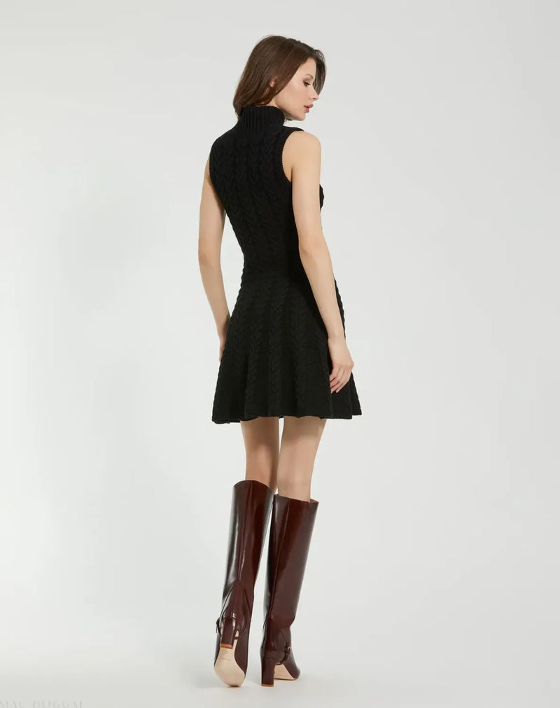 Black Cable Knit Turtle Neck Sleeveless Mini Sweater Knit Dress cotton by Mac Duggal in black color for women in Singapore