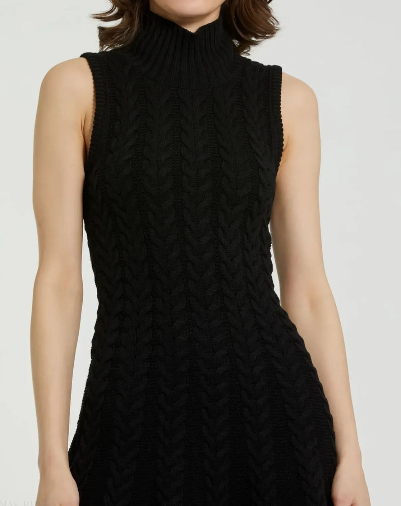 Black Cable Knit Turtle Neck Sleeveless Mini Sweater Knit Dress cotton by Mac Duggal in black color for women in Singapore