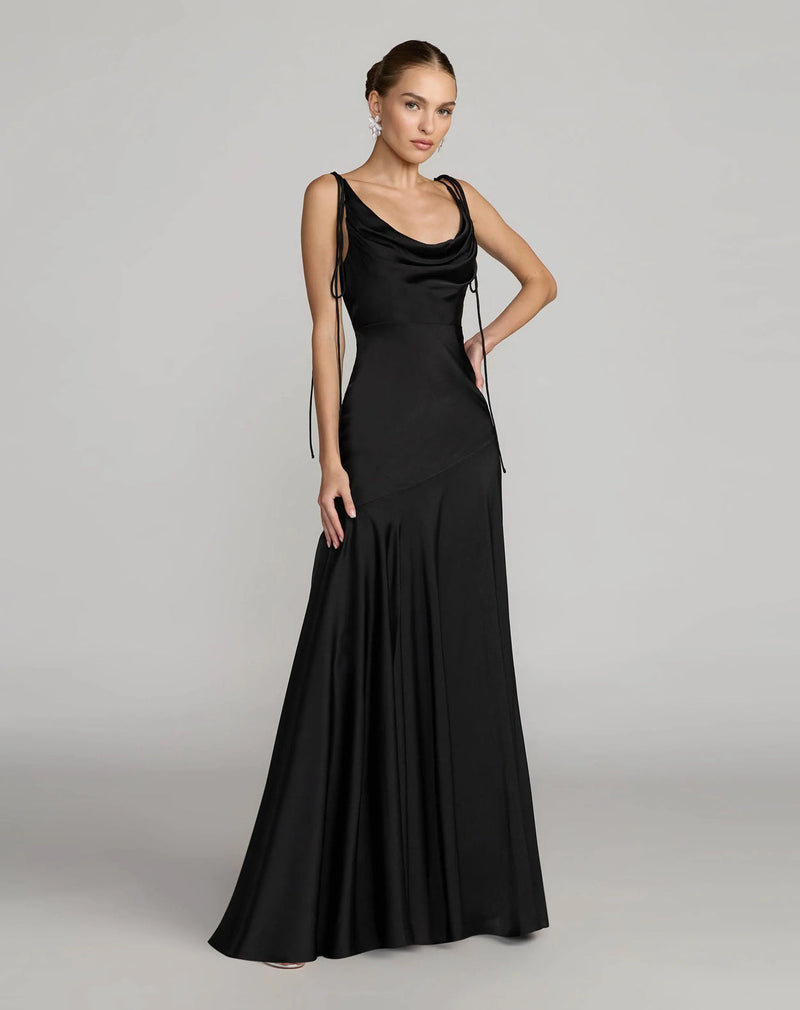 49914-Black Charmeuse Cowl Gown With Thin Bow Straps polyester evening-gowns by Mac Duggal in black for women in Singapore