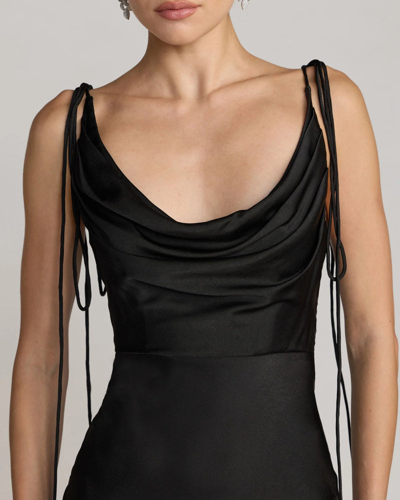 49914-Black Charmeuse Cowl Gown With Thin Bow Straps polyester evening-gowns by Mac Duggal in black for women in Singapore