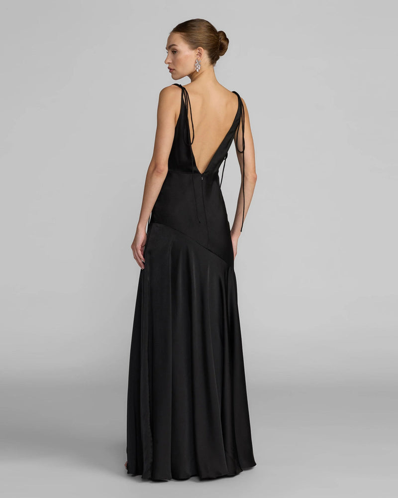 49914-Black Charmeuse Cowl Gown With Thin Bow Straps polyester evening-gowns by Mac Duggal in black for women in Singapore