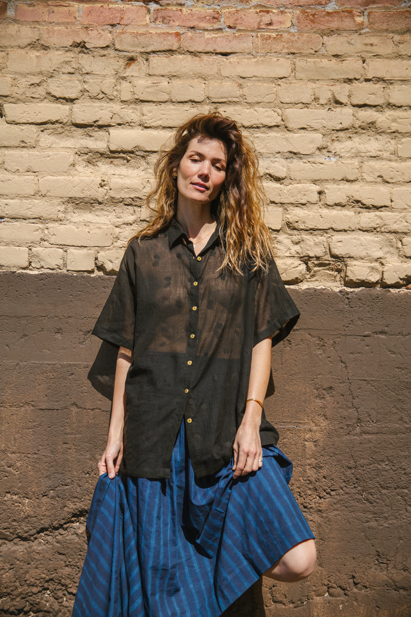 Black Checks Lounge Shirt-Black cotton by World of Crow in black color for women in Singapore