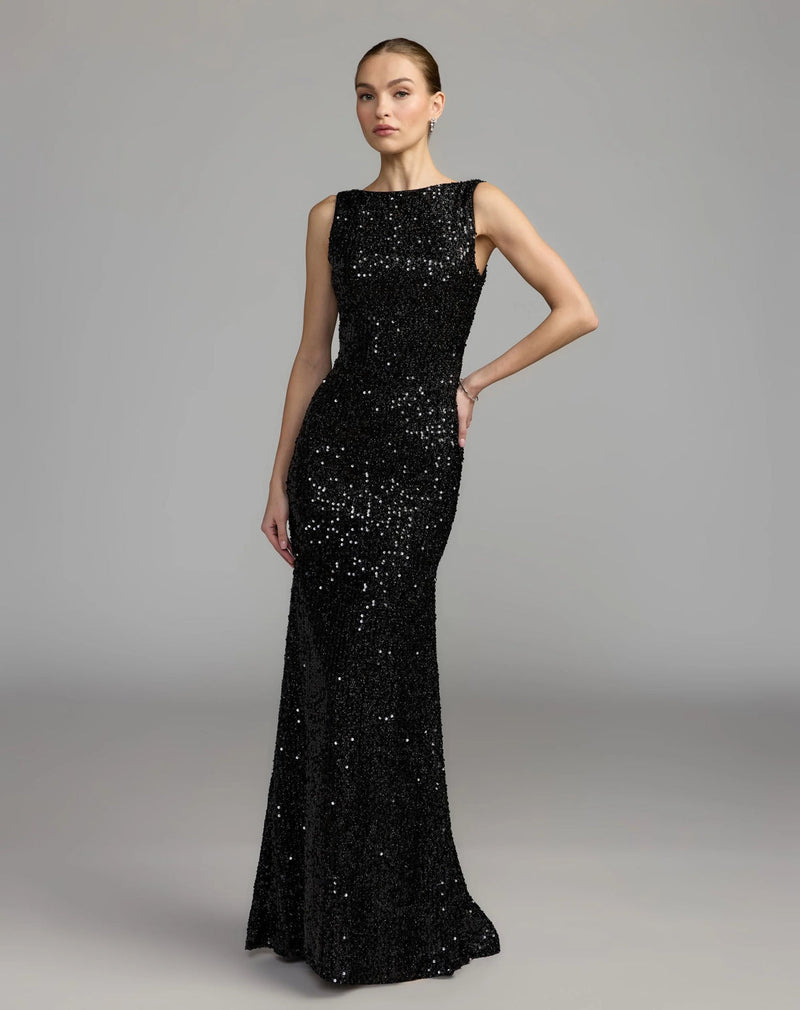 26331-Black Cowl Back Boat Neck Sequined Evening Gown polyester evening-gowns by Mac Duggal in black for women in Singapore
