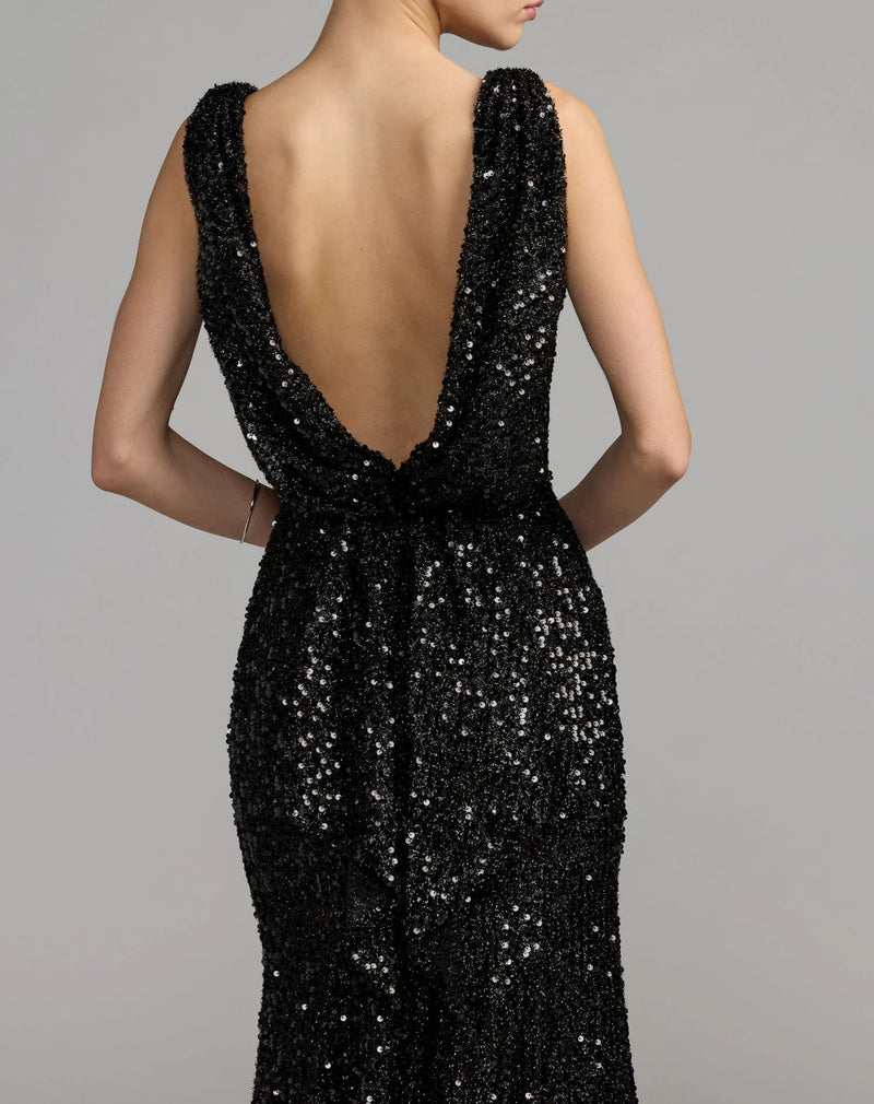 26331-Black Cowl Back Boat Neck Sequined Evening Gown polyester evening-gowns by Mac Duggal in black for women in Singapore