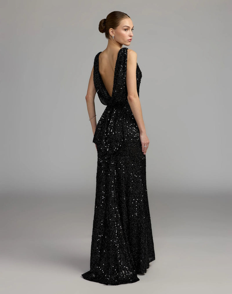 26331-Black Cowl Back Boat Neck Sequined Evening Gown polyester evening-gowns by Mac Duggal in black for women in Singapore