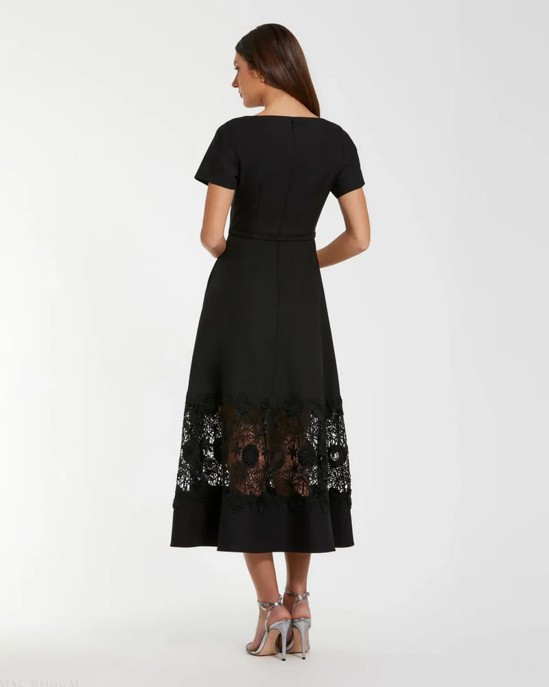Black Crepe Boat Neck Midi Dress With Belt by Mac Duggal in black color for women in Singapore