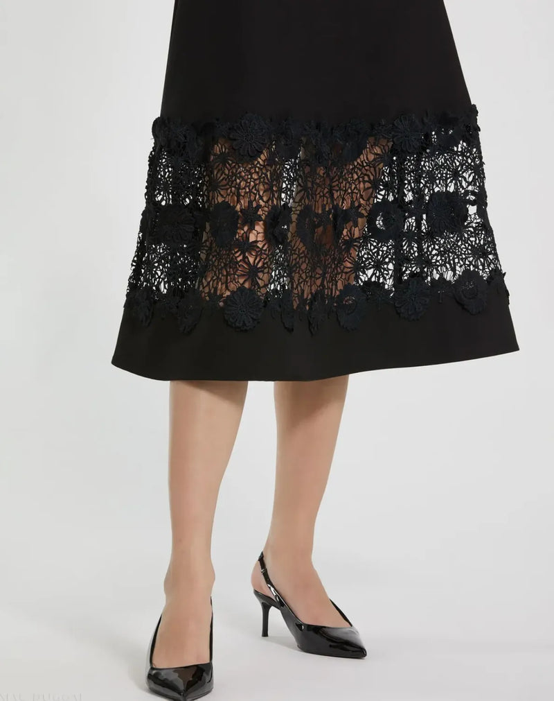 Black Crepe Boat Neck Midi Dress With Belt by Mac Duggal in black color for women in Singapore