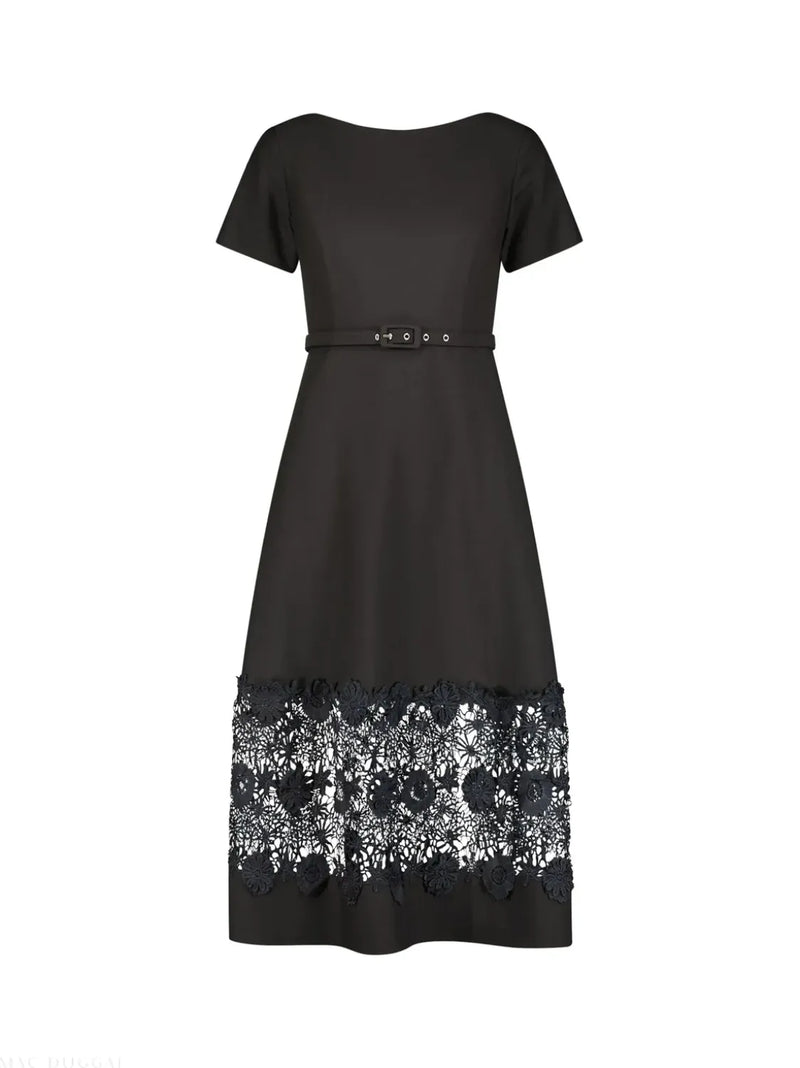 Black Crepe Boat Neck Midi Dress With Belt by Mac Duggal in black color for women in Singapore