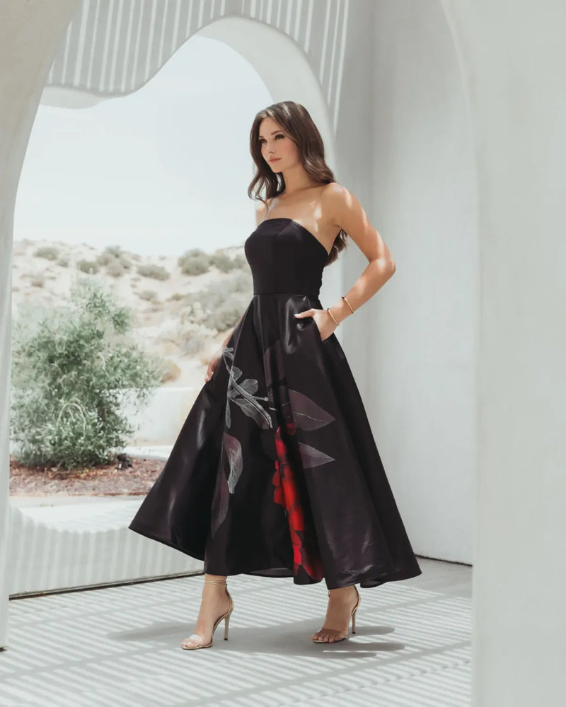 Black Crepe Printed Strapless Midi Dress With Pockets by Mac Duggal in black color for women in Singapore