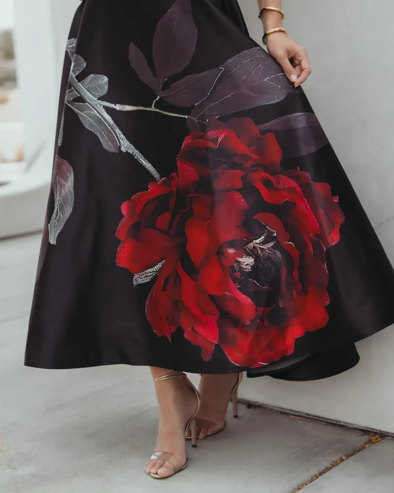 Black Crepe Printed Strapless Midi Dress With Pockets by Mac Duggal in black color for women in Singapore