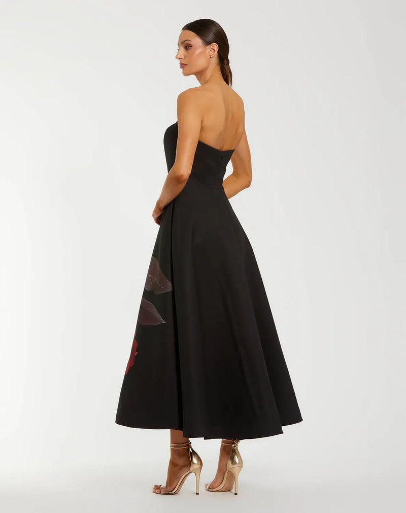 Black Crepe Printed Strapless Midi Dress With Pockets by Mac Duggal in black color for women in Singapore