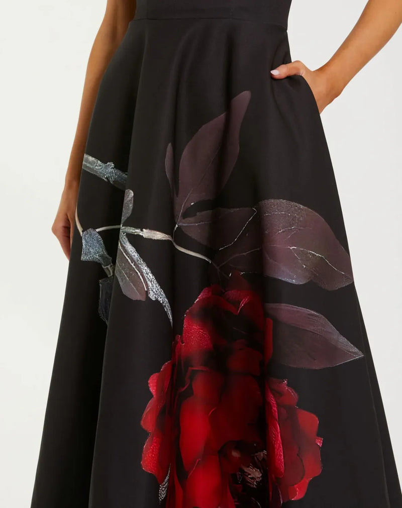Black Crepe Printed Strapless Midi Dress With Pockets by Mac Duggal in black color for women in Singapore