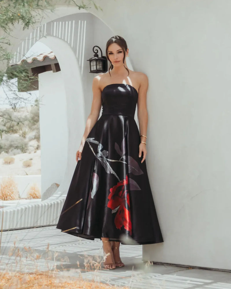 Black Crepe Printed Strapless Midi Dress With Pockets by Mac Duggal in black color for women in Singapore
