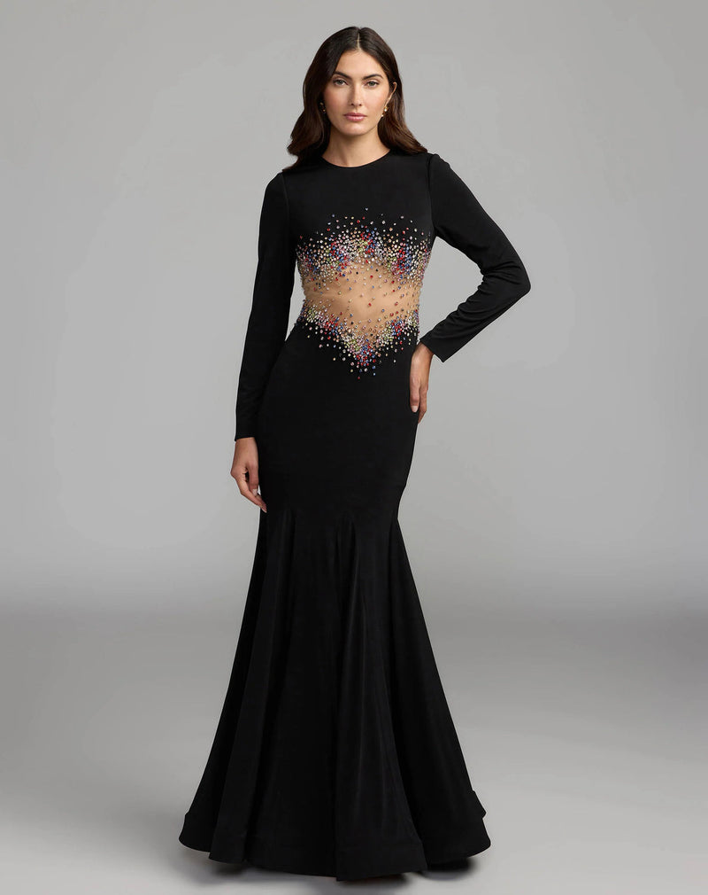 21432-Black Crystal Embellished Illusion Jersey Gown polyester evening-gowns by Mac Duggal in black for women in Singapore