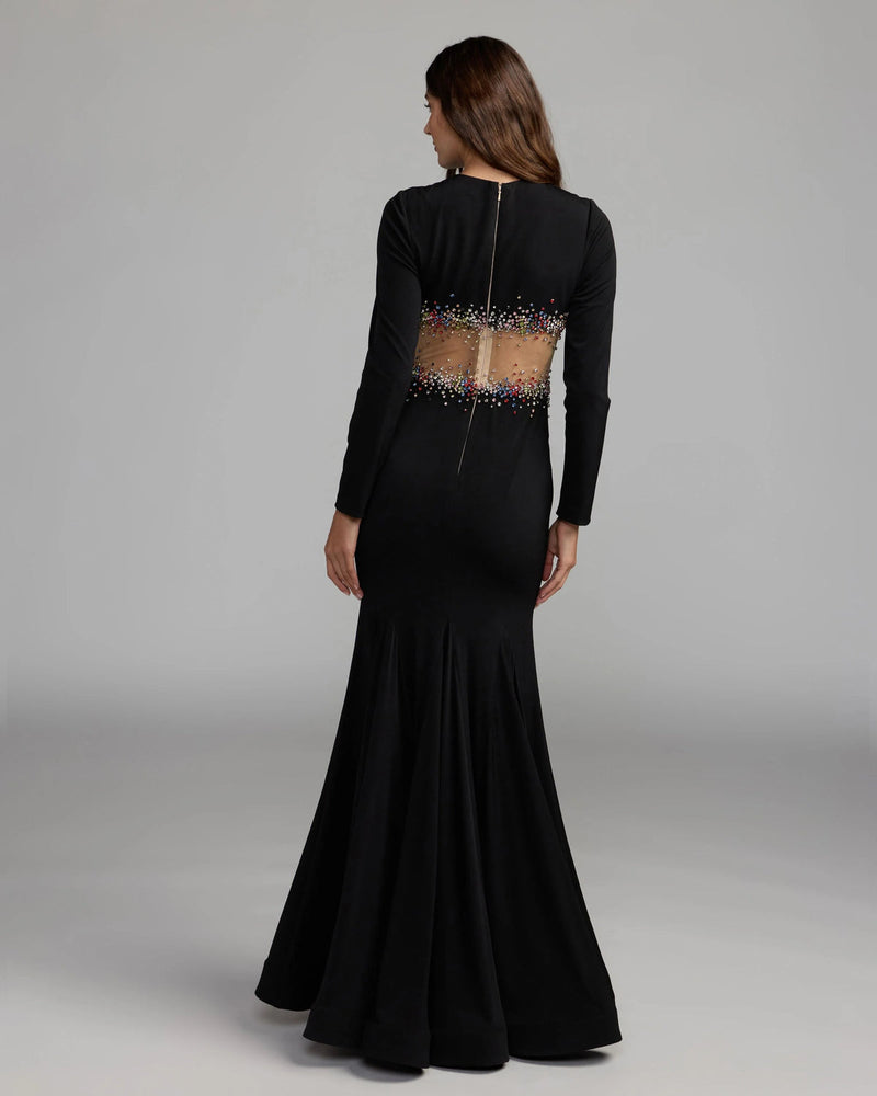 21432-Black Crystal Embellished Illusion Jersey Gown polyester evening-gowns by Mac Duggal in black for women in Singapore