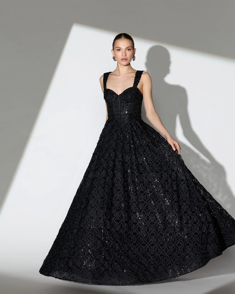 56286-Black Embellished Corset A Line Gown tulle evening-gowns by Mac Duggal in black for women in Singapore