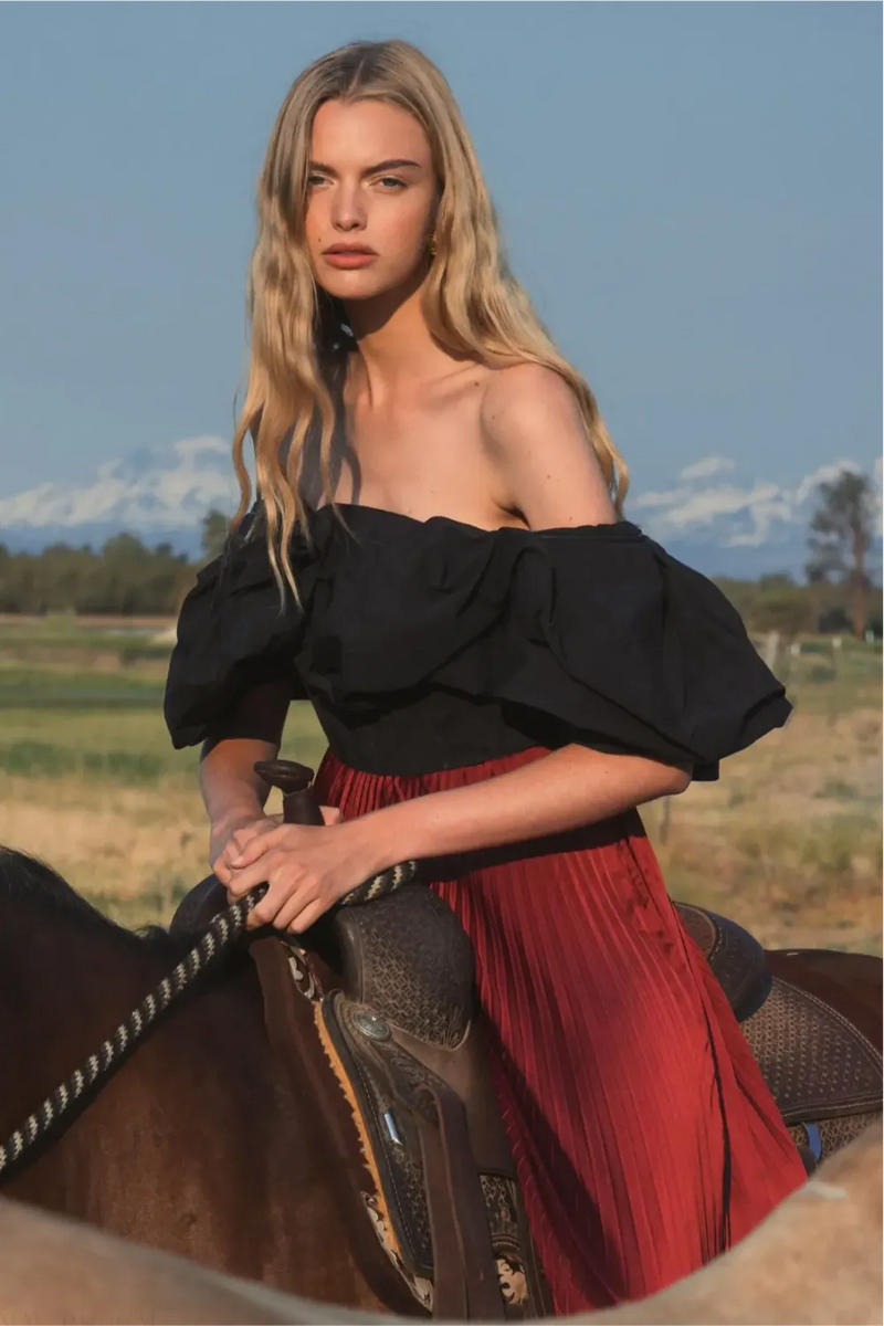 Black Faille Off The Shoulder Bustier Ruffle Top by Mac Duggal in black color for women in Singapore