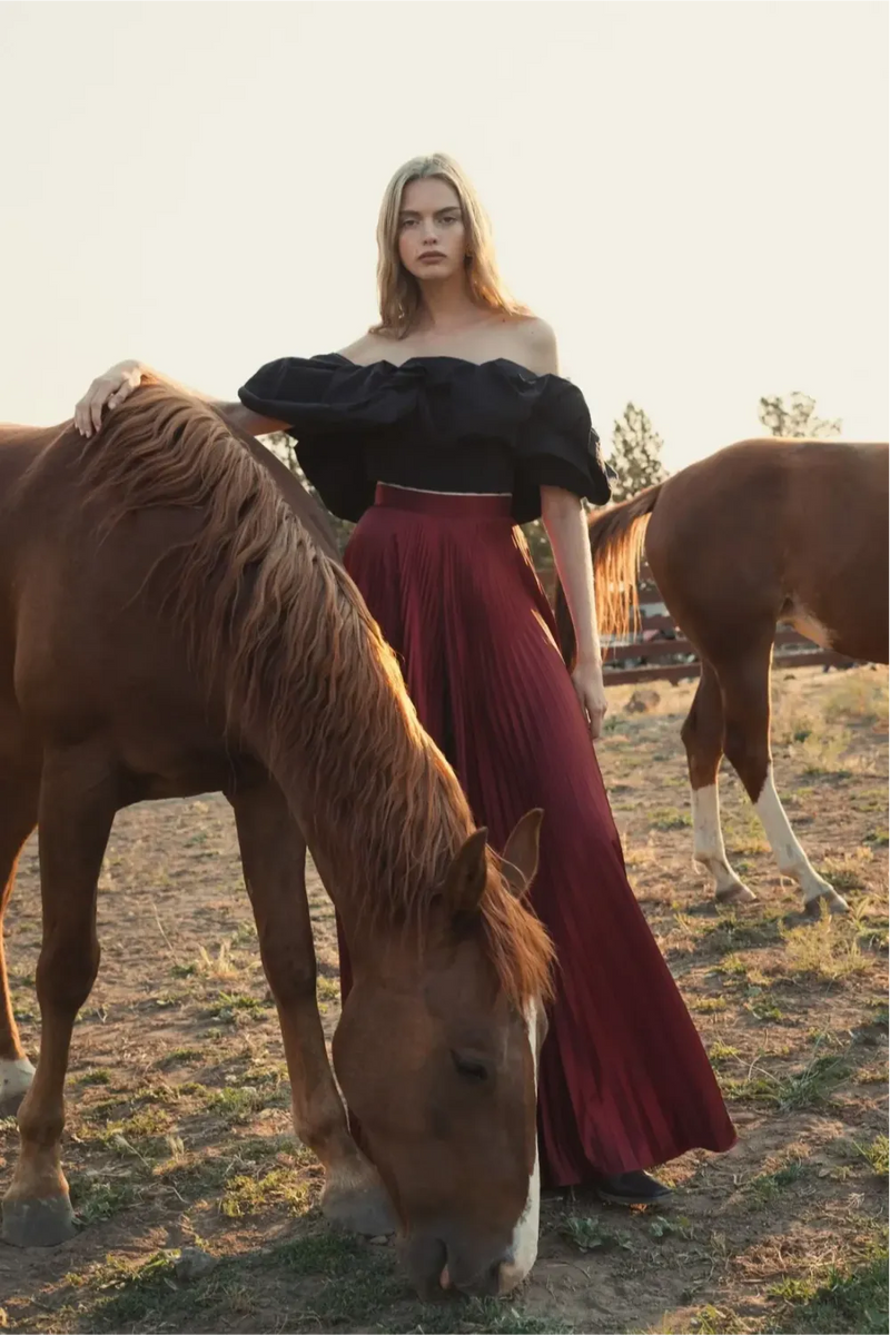 Black Faille Off The Shoulder Bustier Ruffle Top by Mac Duggal in black color for women in Singapore