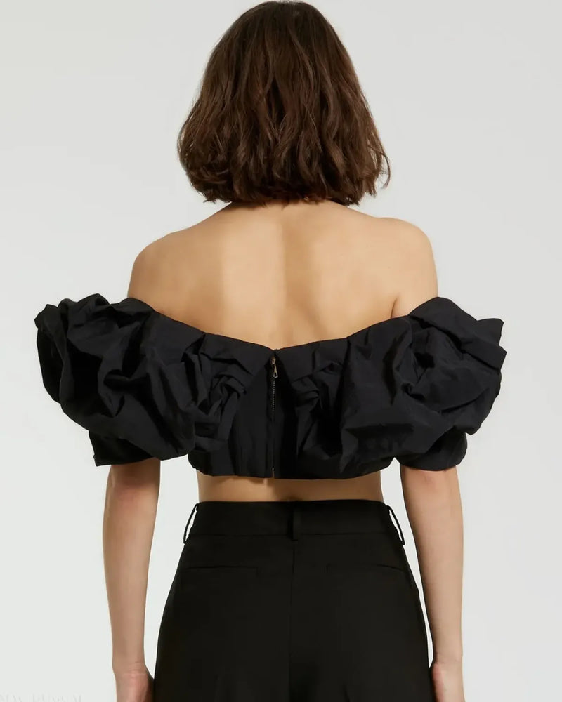 Black Faille Off The Shoulder Bustier Ruffle Top by Mac Duggal in black color for women in Singapore