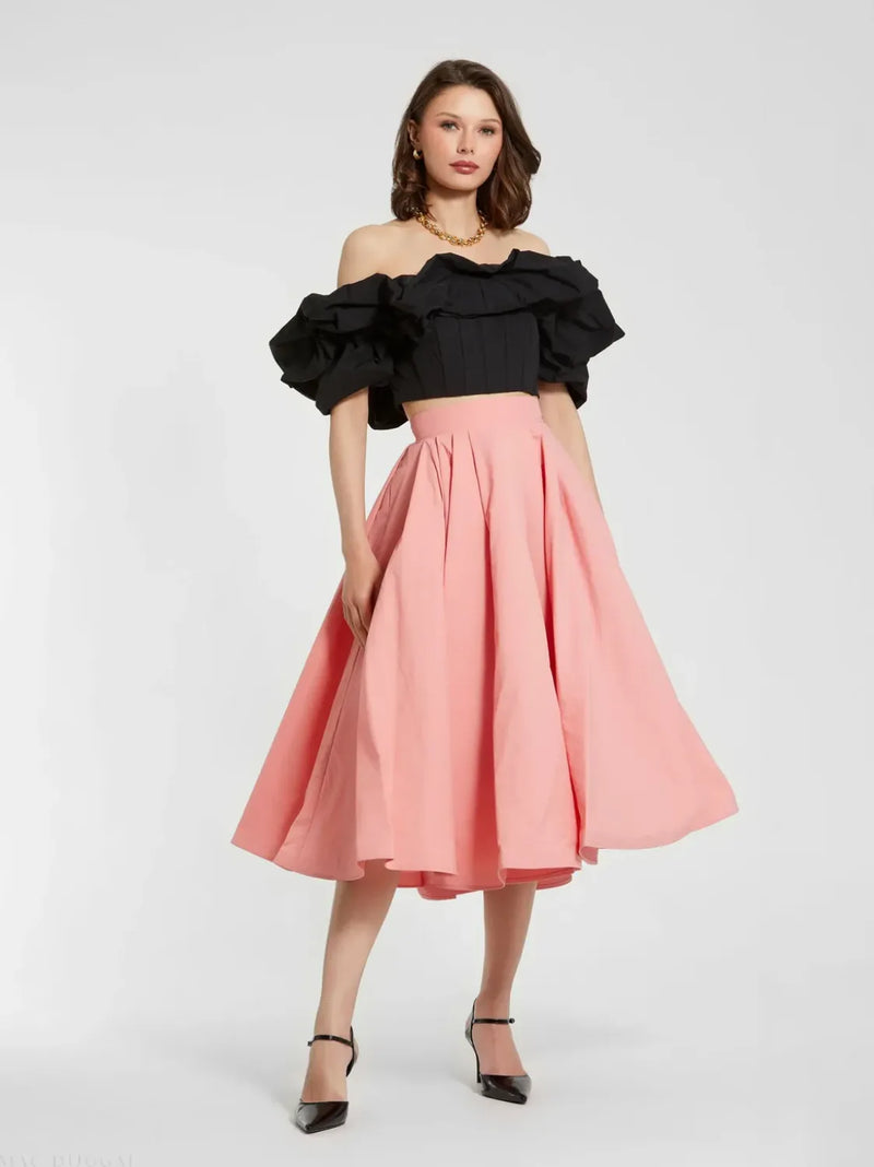 Black Faille Off The Shoulder Bustier Ruffle Top by Mac Duggal in black color for women in Singapore