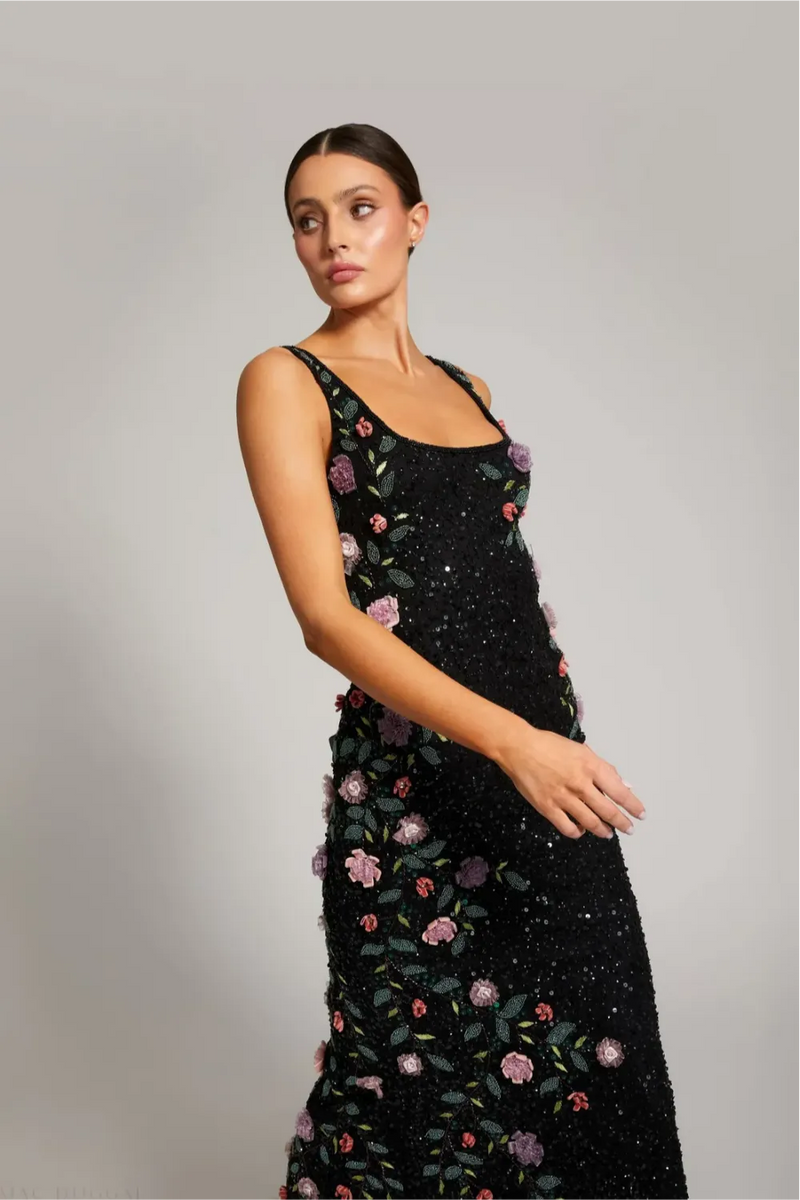 Black Floral Beaded Mesh Scoop Neck Sleeveless Gown by Mac Duggal in black color for women in Singapore