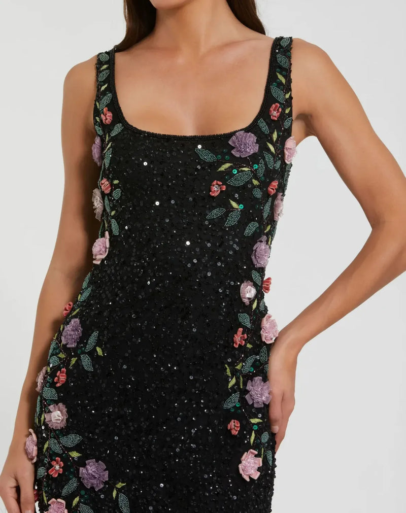 Black Floral Beaded Mesh Scoop Neck Sleeveless Gown by Mac Duggal in black color for women in Singapore